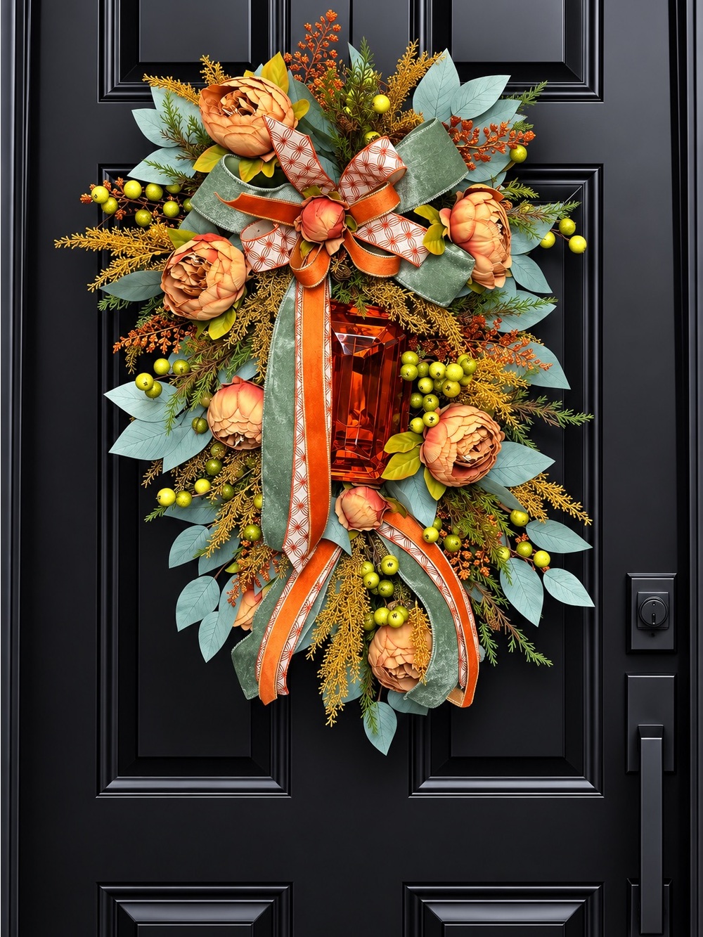 Autumn Orange & Green Holiday Door Wreath by
